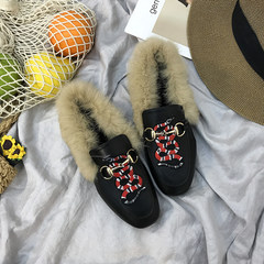 2017 female rabbit fur shoes new shoes and embroidered cashmere Beanie Korean flat all-match loafer shoes scoop tide Thirty-eight Black snake