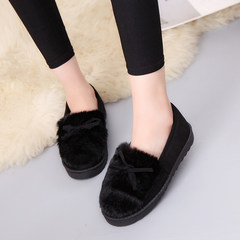 2017 female rabbit fur shoes new shoes and embroidered cashmere Beanie Korean flat all-match loafer shoes scoop tide Thirty-eight Black bow tie