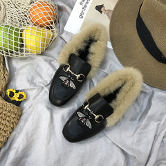 2017 female rabbit fur shoes new shoes and embroidered cashmere Beanie Korean flat all-match loafer shoes scoop tide Thirty-eight Black bee