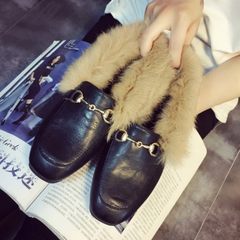 The 2016 winter Maomao shoes women shoe flat shoes plus cashmere wool Beanie square small leather shoes slip-on warm shoes Forty Black brown thick cotton []