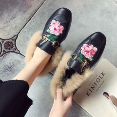 2017 new styles of shoes, retro fashion and plush shoes Thirty-eight Black flowers