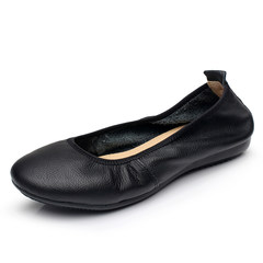 Work shoes black flat shoes leather soft bottom shoes leather shoes with shallow mouth flat round female leather shoes Forty-one black