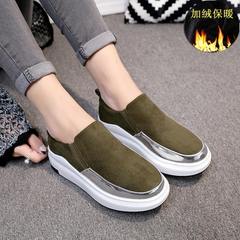 2017 new winter Korean all-match muffin shallow mouth thick bottom flat casual shoes femalemusicians fu shoes slip-on tide Thirty-eight Army green [plus cotton]
