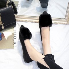 2017 autumn and winter Korean version sets foot rabbit ears shallow mouth, pointed flat bottom women's shoes, velvet fluffy peas, lazy shoes women Thirty-eight 928 black (with NAP)