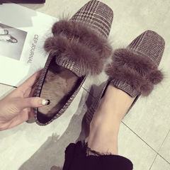 Autumn and winter shoes plus 2017 new all-match cashmere loafer flat Maomao shoes buckle Plaid Maomao shoes Thirty-eight [and] Khaki cashmere