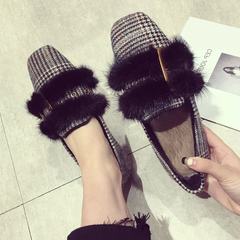 Autumn and winter shoes plus 2017 new all-match cashmere loafer flat Maomao shoes buckle Plaid Maomao shoes Thirty-eight Black [velvet]