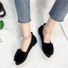 2017 autumn and winter Korean version sets foot rabbit ears shallow mouth, pointed flat bottom women's shoes, velvet fluffy peas, lazy shoes women Thirty-eight F20 black (single paragraph)