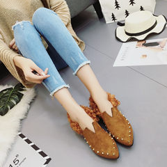 2017 new fashion shoes autumn drizzle shallow mouth pointed with velvet shoes rivets all-match Maomao shoes flat Thirty-eight Khaki