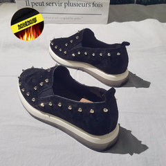 2017 spring and autumn British style shoes all-match muffin bottom rivet leather shoes thick round bottom lazy Le Fuxie Thirty-eight Black velvet