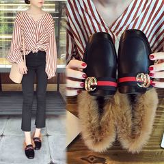 2017 winter Maomao shoes women shoe shoes with flat Doug cashmere rabbit hair with small leather shoes slip-on warm shoes Thirty-eight Black [double G]