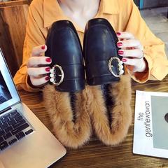 2017 winter Maomao shoes women shoe shoes with flat Doug cashmere rabbit hair with small leather shoes slip-on warm shoes Thirty-eight Black Pearl