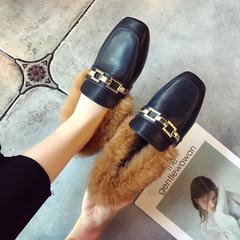 2017 winter Maomao shoes women shoe shoes with flat Doug cashmere rabbit hair with small leather shoes slip-on warm shoes Thirty-eight Black [chain clause]
