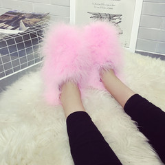 16 years of the new European ostrich hair pumps station really plush shoes shoes Doug flat fur Maomao shoes shoes tide Thirty-six Pink
