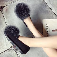 Plush shoes 2017 new autumn flat bottom single shoes, women's Suede beans shoes, thick soles, women's shoes, soft soles, Korean women's shoes Thirty-eight black