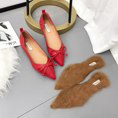 Winter 17 pointed bow shallow mouth flat shoes female soft soft bottom shoes slip pregnant women shoes driving shoes Maomao Thirty-eight Red (with pads)