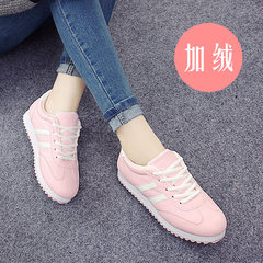 2017 Korean students in autumn and winter tide flat leather waterproof sport shoes plus velvet warm shoes shoes Thirty-eight Leather - Pink Velvet with a