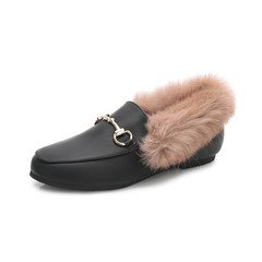 Rabbit Doug shoes scoop 2017 new winter shoes Maomao shoes pedal with cashmere hair flat shoes Thirty-eight Black word charge