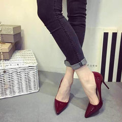 2017 autumn 10cm naked pointed high-heeled shoes, fine heel women's shoes, black in with shallow work shoes, red wedding shoes Thirty-seven Wine red 8cm