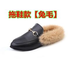 Maomao shoes female 2017 new winter shoes and cashmere rabbit hair and square flat bottomed shoes shoes tide Doug documentary Thirty-eight black