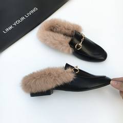 17 new winter slippers plush fashion shoes half metal buckle lazy rabbit low heel shoes women's singles round Thirty-eight Black (semi trailer)