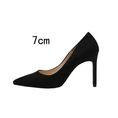 In the autumn of 2017 new female high-heeled shoes with a fine pointed shoes Asakuchi all-match black suede shoes ol occupation Thirty-eight Black (7 cm)