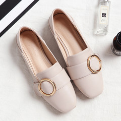 2017 autumn happy shoes female British wind one foot retro small leather shoes, two wear flat bottomed peas shoes, single shoes, women's shoes Thirty-eight Practice of apricot