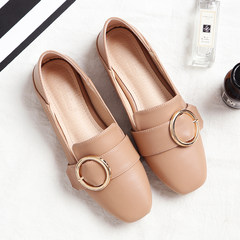 2017 autumn happy shoes female British wind one foot retro small leather shoes, two wear flat bottomed peas shoes, single shoes, women's shoes Thirty-eight Miniumite naked