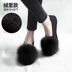 Plush shoes 2017 new autumn and winter flat bottom single shoes, female suede bean shoes, thick bottom wearing social Korean version female dipper shoes Thirty-eight Black (cashmere)