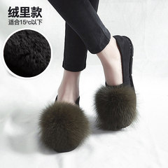 Plush shoes 2017 new autumn and winter flat bottom single shoes, female suede bean shoes, thick bottom wearing social Korean version female dipper shoes Thirty-eight Green (cashmere)