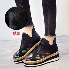Platform shoes fall 2017 new European female British wind station increased high thick soled casual shoes embroidered shoes Merchandiser Thirty-eight Black [high Bang plus velvet]