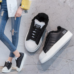 Leather shoes with cashmere shell Harajuku head Korean flat white shoe winter, thick soled shoes leisure all-match tide Thirty-eight Black + white