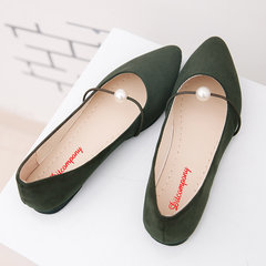 The Korean version of the fall of 2017 female students of Pearl shallow mouth pointed shoes with flat shoes comfortable Doug women shoe size Thirty-eight Army green