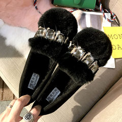 Autumn and winter with Korean cashmere rabbit fur shoes Doug shoes flat shoes size shoes soled cotton shoes 41-43 ladle Forty-one Thick black hair at the end of.