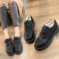 New black leather shoes in spring and autumn, junior high school students, British college wind shoes Thirty-eight Cotton Black
