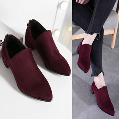 2017 new winter scrub deep mouth and velvet shoes shoes with thick British pointed shoes code Thirty-eight Wine red winter velvet