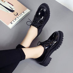 British style shoes leather shoes to help students fall low with thick bottom all-match retro lace round small leather shoes Thirty-eight Black (Burne Neri)