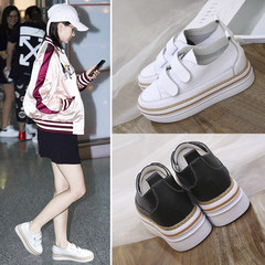 White leather shoes with thick bottom in the autumn of 2017 new Korean all-match increased platform casual shoes with Velcro Thirty-eight black