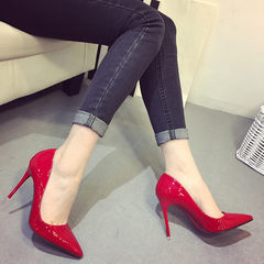 Europe stand nude pointed heels with a fine black shoes red wedding shoes leather blue shoes Thirty-eight Red 10cm