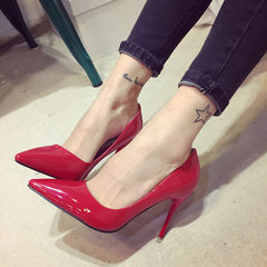 Europe stand nude pointed heels with a fine black shoes red wedding shoes leather blue shoes Thirty-eight Red 8cm
