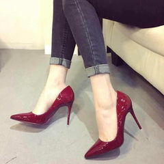 Europe stand nude pointed heels with a fine black shoes red wedding shoes leather blue shoes Forty-one Wine red 10cm
