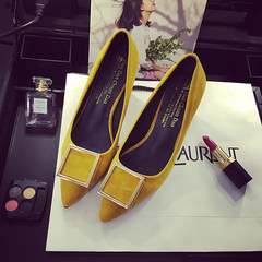Every day special, European and American new high-heeled shoes, coarse and satin, suede pointed, single shoes, metal buttons, shallow shoes Thirty-eight yellow