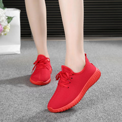 2017 summer new style women's shoes breathable net shoes, women leisure flat bottom lazy shoes, network surface lace shoes, old Beijing cloth shoes Freight insurance Red cloth shoes