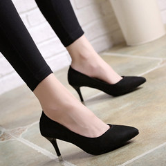 The new spring and summer 2017 suede high-heeled shoes with pointed black female fine 5cm with all-match wedding shoes work shoes Thirty-four black