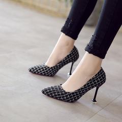 Every day special offer shoes Plaid high-heeled shoes woman with a fine autumn new Korean all-match pointed to a cat with shoes Thirty-eight Black and white color