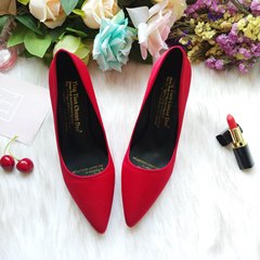 2017 Europe square buckle with high-heeled shoes Asakuchi coarse pointed all-match with single bride wedding shoes red shoes Thirty-seven Red common paragraph