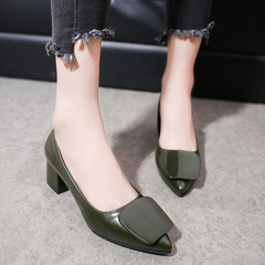 Spring shoes buckle with thick high-heeled woman with a low shallow mouth 2017 new all-match shoes. Thirty-eight Army green