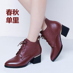 Mid Heel casual shoes, spring and winter leather, pointed short boots, women's shoes, deep laces, leather shoes, women's coarse shoes, high heels Thirty-three Claret