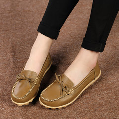 Autumn and winter flat bottomed women's shoes, peas shoes soft bottom, casual white shoes, middle-aged mother shoes, nurse shoes, pregnant women single shoes Thirty-nine 09 bow tie Khaki