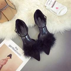 Black heels female 2017 autumn Korean version of the new club with a fine word buckle ostrich hair all-match pointed shoes Thirty-eight black