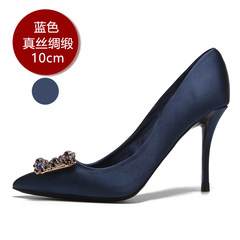 Women's autumn shoes, 2017 new style diamond, square buckle single shoes, red satin high heels, fine heel pointed bride shoes, wedding shoes Forty Blue 10cm